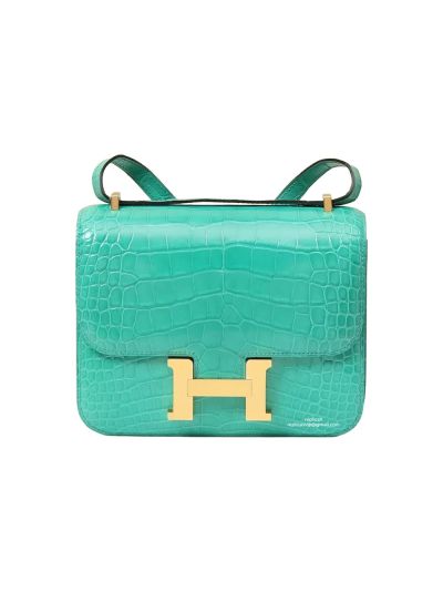 Hermes Constance Shiny Alligator Crocodile Leather Messenger Bag Light Blue 19x15x5CM 524508