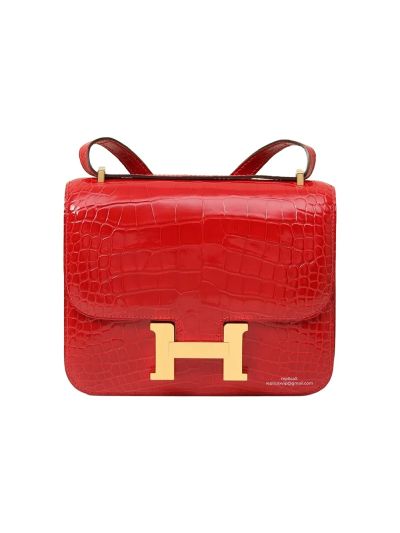 Hermes Constance Shiny Alligator Crocodile Leather Messenger Bag Red 19x15x5CM 524507