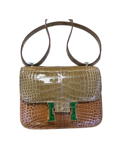 Hermes Crossbody Bag Hermes VIP Constance 18 Alligator Crocodile Leather Bag Gray and Brown 18CM 525190