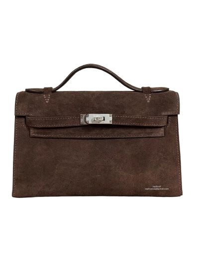 Hermes Doblis Kelly Pochette Suede Leather Bag Brown 22CM 524488