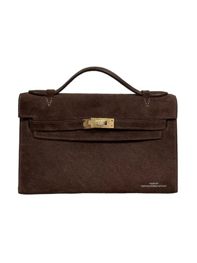 Hermes Doblis Kelly Pochette Suede Leather Bag Brown 22CM 524489
