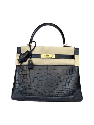 Hermes Ebene Ghillies Kelly 28 Alligator Matte Leather Top Handle Bag Black 28CM 525064