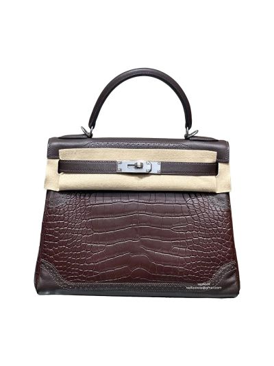 Hermes Ebene Ghillies Kelly 28 Alligator Matte Leather Top Handle Bag Burgundy 28CM 525063