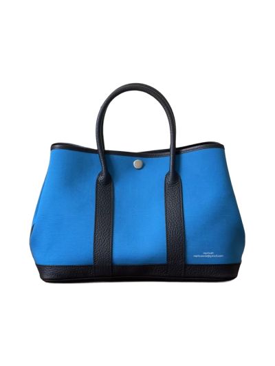 Hermes Garden Party 30CM Cloth Tote Bag Black Leather and Blue Canvas 525290