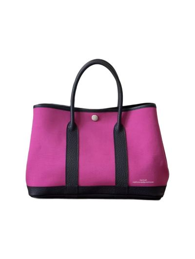 Hermes Garden Party 30CM Cloth Tote Bag Black Leather and Fuchsia Canvas 525288