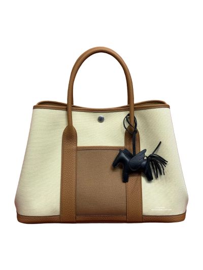 Hermes Garden Party Shopping Tote Shoulder Bag Light Yellow Canvas and Brown Grained Calf Leather 36CM 525230