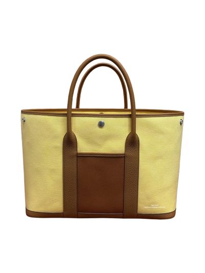 Hermes Garden Party Shopping Tote Shoulder Bag Yellow Canvas and Brown Grained Calf Leather 36CM 525229
