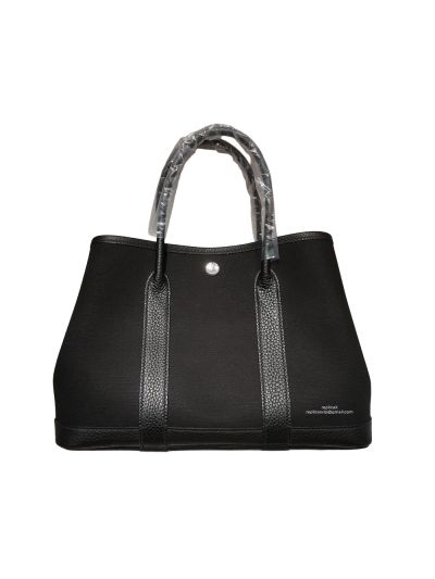 Hermes Gargen Party 30CM Canvas and Leather Shopping Tote Bag Black 525296