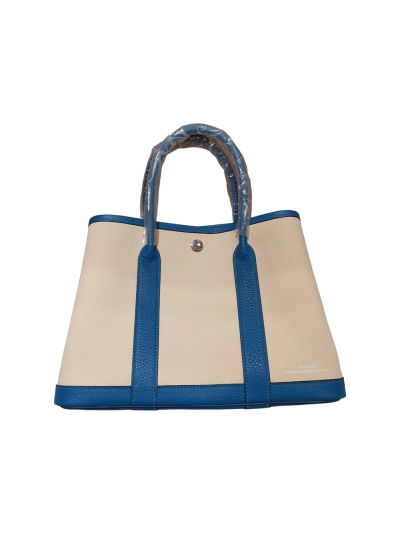Hermes Gargen Party 30CM Canvas and Leather Shopping Tote Bag White Blue 525295
