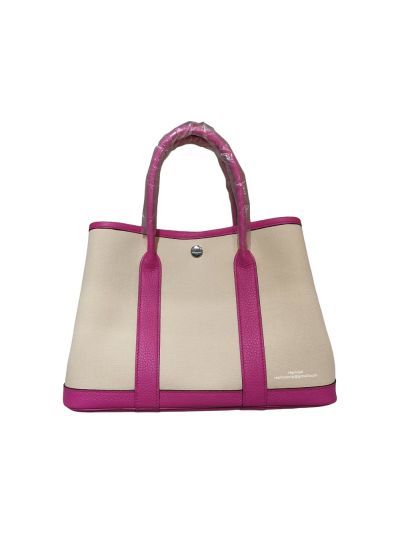 Hermes Gargen Party 30CM Canvas and Leather Shopping Tote Bag White Fuchsia 525294