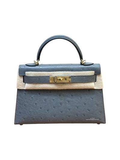 Hermes Gray Ostrich Horseshoe Kelly Sellier Mini Pochette Top Handle Shoulder Bag 19CM 525056