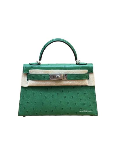 Hermes Green Ostrich Horseshoe Kelly Sellier Mini Pochette Top Handle Shoulder Bag 19CM 525058
