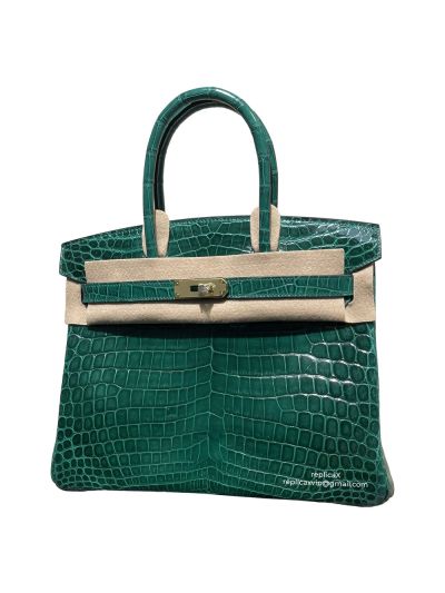 Hermes Green Shiny Niloticus Crocodile Birkin 30 Hand Stitched Bag 522245