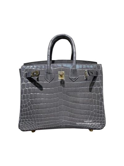 Hermes Grey Shiny Niloticus Crocodile Birkin 25 Hand Stitched Bag 522236