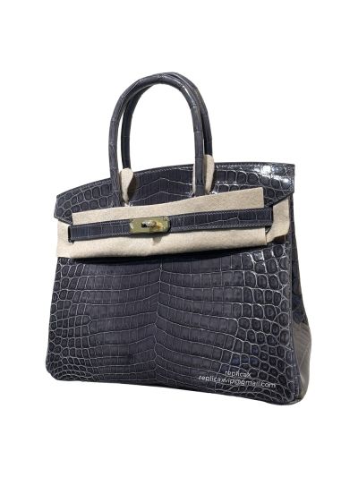 Hermes Grey Shiny Niloticus Crocodile Birkin 30 Hand Stitched Bag 522243
