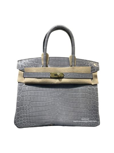 Hermes Grey Shiny Niloticus Crocodile Birkin 30 Hand Stitched Bag 522246