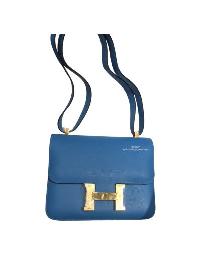 Hermes Hand Stitched Epsom Constance 24 Crossbody Bag Blue 24CM 522366