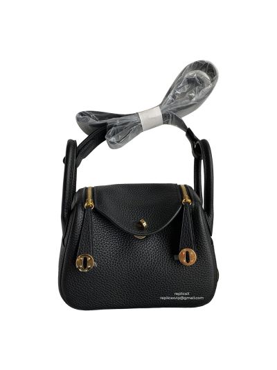 Hermes Hand Stitched Mini Lindy 20 Top Handle Shoulder Bag Black Etoupe Taurillon Clemence 522448