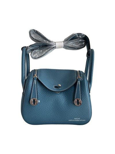 Hermes Hand Stitched Mini Lindy 20 Top Handle Shoulder Bag Blue Etoupe Taurillon Clemence 522402
