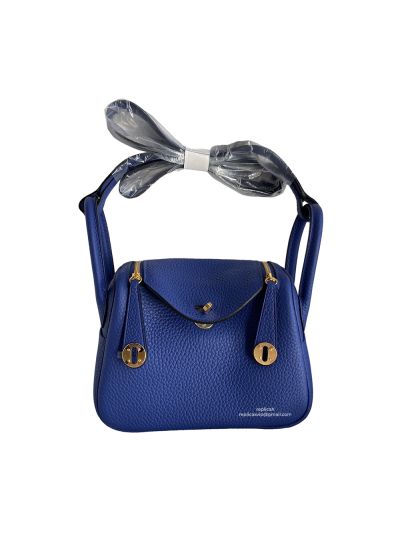 Hermes Hand Stitched Mini Lindy 20 Top Handle Shoulder Bag Blue Etoupe Taurillon Clemence 522404