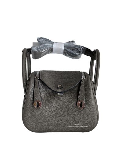 Hermes Hand Stitched Mini Lindy 20 Top Handle Shoulder Bag Grey Etoupe Taurillon Clemence 522444