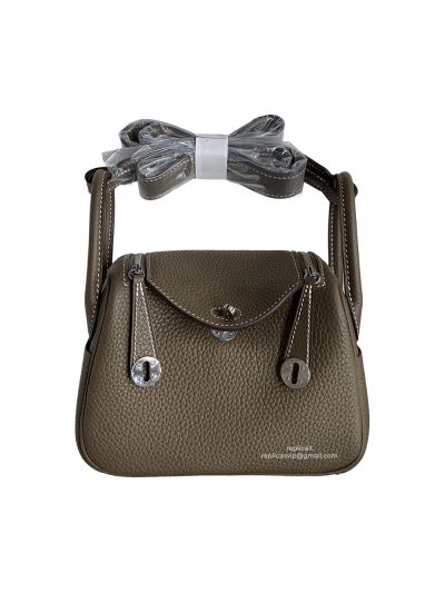 Hermes Hand Stitched Mini Lindy 20 Top Handle Shoulder Bag Grey Etoupe Taurillon Clemence 522446