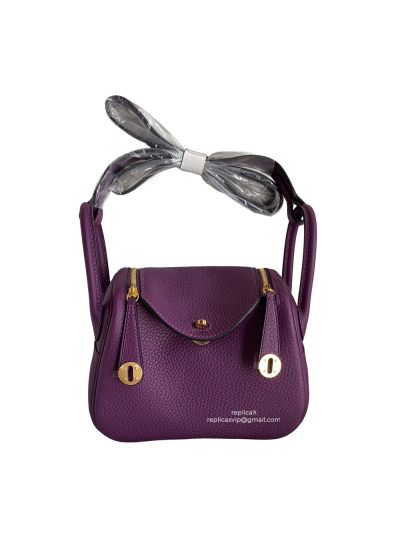 Hermes Hand Stitched Mini Lindy 20 Top Handle Shoulder Bag Purple Etoupe Taurillon Clemence 522403