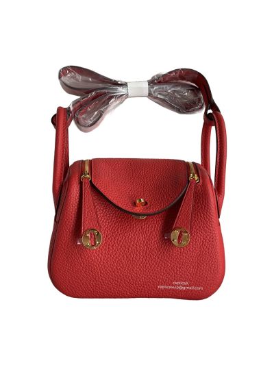 Hermes Hand Stitched Mini Lindy 20 Top Handle Shoulder Bag Red Etoupe Taurillon Clemence 522449