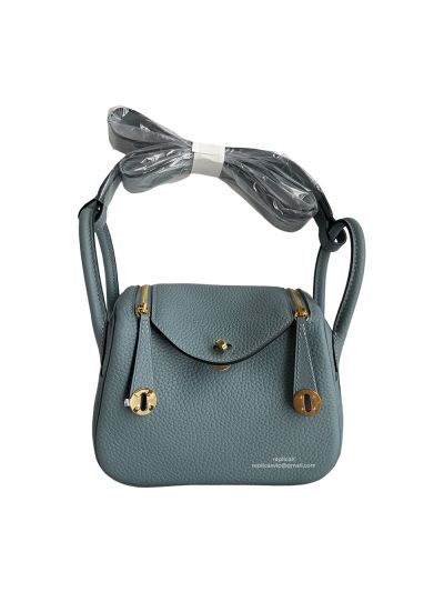 Hermes Hand Stitched Mini Lindy 20 Top Handle Shoulder Bag Sky Blue Etoupe Taurillon Clemence 522447