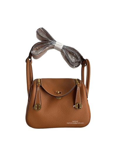 Hermes Hand Stitched Mini Lindy 20 Top Handle Shoulder Bag Tan Etoupe Taurillon Clemence 522405