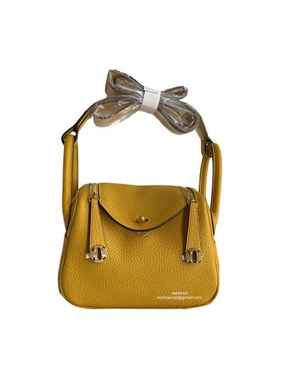 Hermes Hand Stitched Mini Lindy 20 Top Handle Shoulder Bag Yellow Etoupe Taurillon Clemence 522406