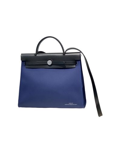 Hermes Herbag 31CM Black Leather and Blue Canvas Bag 524832