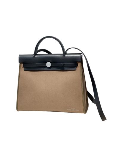 Hermes Herbag 31CM Black Leather and Gray Canvas Bag 524831