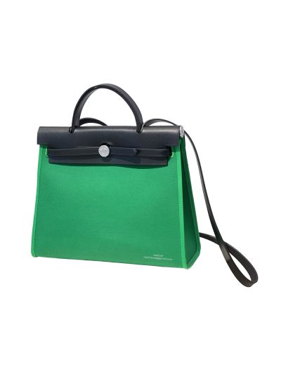 Hermes Herbag 31CM Black Leather and Green Canvas Bag 524833