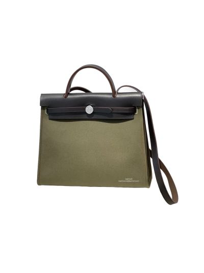 Hermes Herbag 31CM Black Leather and Green Canvas Bag 524834