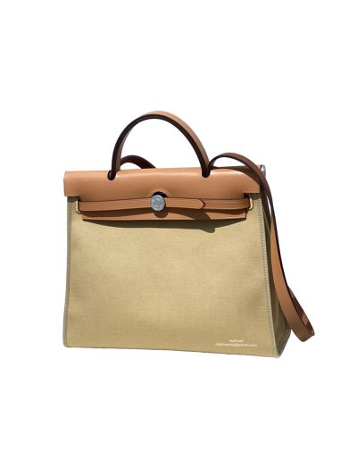Hermes Herbag 31CM Brown Leather and Beige Canvas Bag 524836