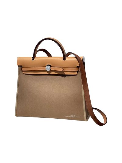 Hermes Herbag 31CM Brown Leather and Gray Canvas Bag 524837