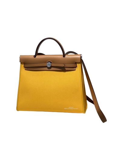 Hermes Herbag 31CM Brown Leather and Yellow Canvas Bag 524840
