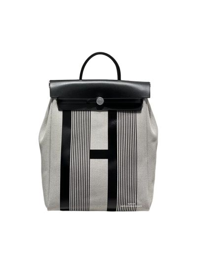 Hermes Herbag A Dos Zip Canvas and Leather Backpack Bag White Black 29CM 524919