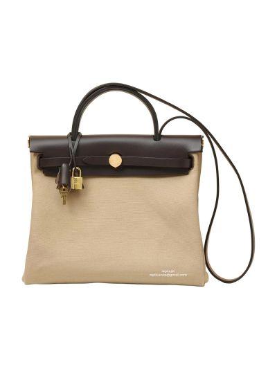 Hermes Herbag Zip PM 31 Toile Canvas and Leather Top Handle Shoulder Bag Beige Black 31x25x10CM 525123