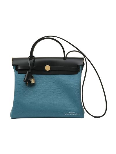 Hermes Herbag Zip PM 31 Toile Canvas and Leather Top Handle Shoulder Bag Blue Black 31x25x10CM 525120
