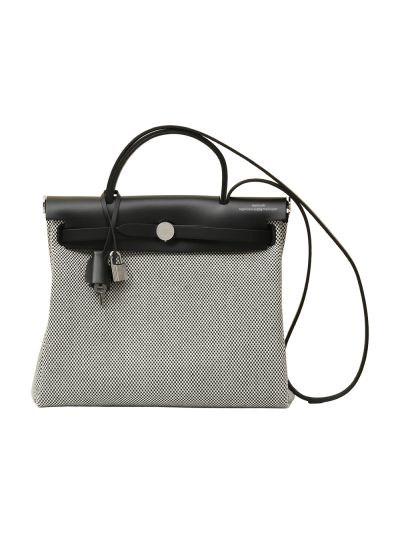 Hermes Herbag Zip PM 31 Toile Canvas and Leather Top Handle Shoulder Bag Gray Black 31x25x10CM 525125
