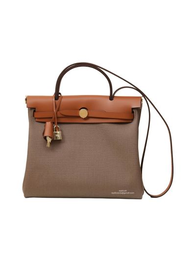 Hermes Herbag Zip PM 31 Toile Canvas and Leather Top Handle Shoulder Bag Gray Brown 31x25x10CM 525117
