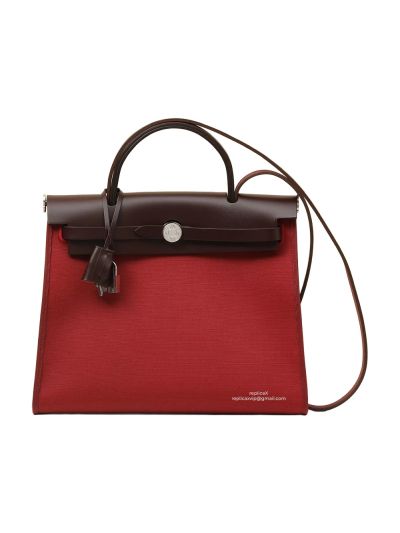 Hermes Herbag Zip PM 31 Toile Canvas and Leather Top Handle Shoulder Bag Red Black 31x25x10CM 525115