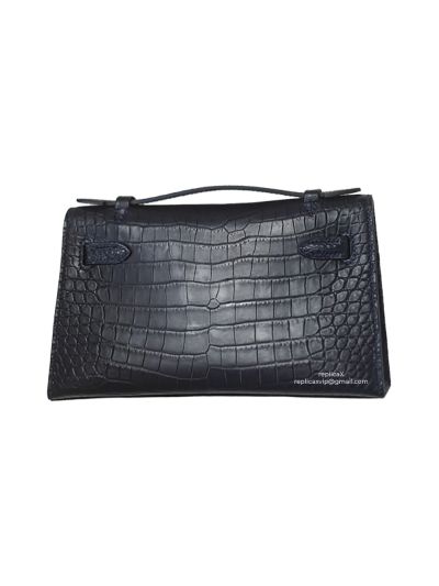 Hermes Kelly 22CM Mini Pochette Cut Clutch Bag Black Crocodile Leather and Iconic Fabric 522320