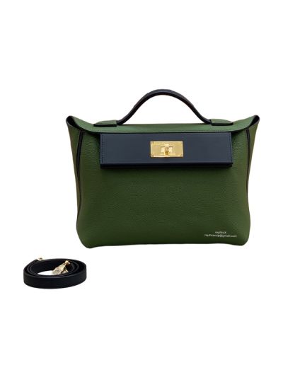 Hermes Kelly 2424 29CM Handbag Togo and Swift Leather Green Black 523719