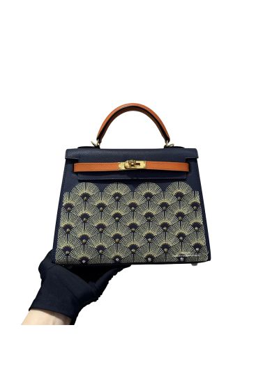 Hermes Kelly 25 Embroidery Navy Blue Leather Top Handle Bag 25CM 525088