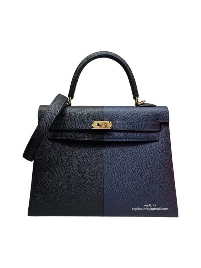 Hermes Kelly 25 Hermes Vip Kelly 25 Hand Stitching Tote Bag Blue and Black Epsom 524180