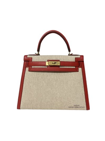 Hermes Kelly 25 Hermes VIP Vintage 1995 Kelly 25 Canvas and Red Leather Bag 522654