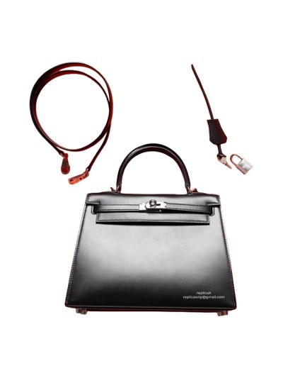 Hermes Kelly 25 Noir Box Calf with Palladium Hardware Bag Black Fully Hand Stitched 25x17x7CM 522475